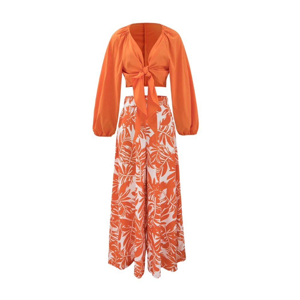 Gorgeous Dolls Knot Front Blouse And Leaves Print Wide Leg Pants Set